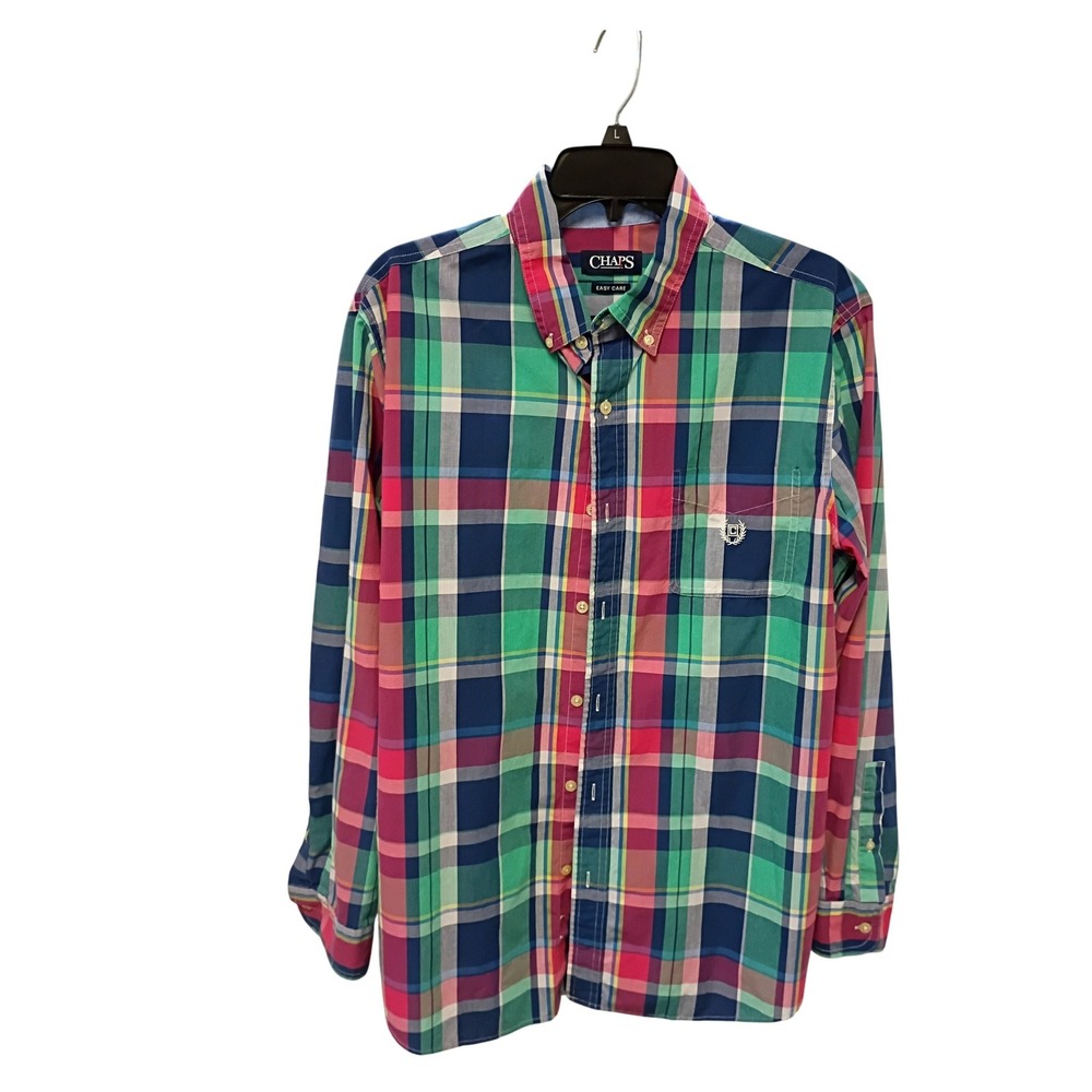 Chaps Mens Easy Care Plaid Button Down Shirt Multicolor Green Pink L 200014482